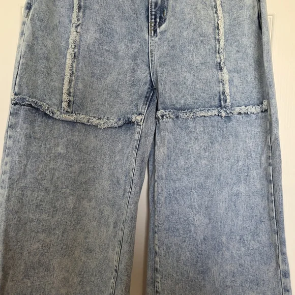 Patchwork Panelled Frayed Seam Wide Leg High Rise Jeans Size 31 - Picture 7 of 17